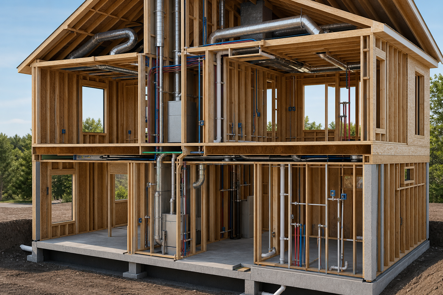 Rendu 3D — rough-in : plomberie, électricité et CVC.